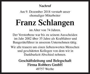 Traueranzeige von Franz Schlangen von Neue Osnabrücker Zeitung GmbH & Co. KG