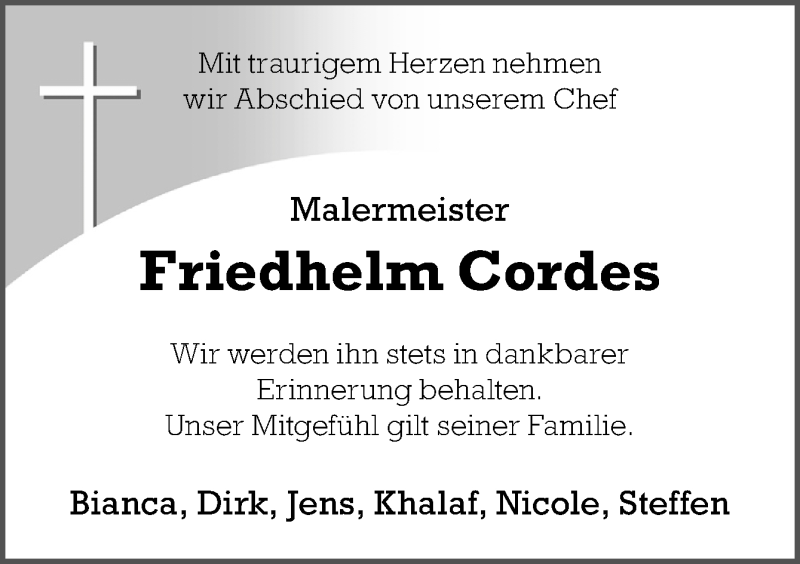  Traueranzeige für Friedhelm Cordes vom 06.12.2018 aus Neue Osnabrücker Zeitung GmbH & Co. KG