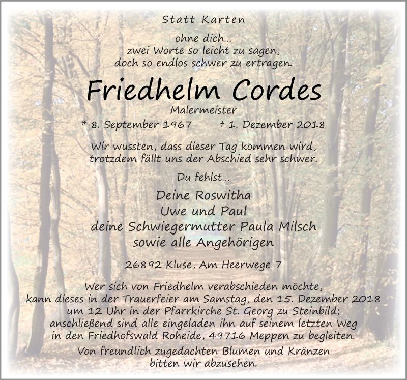  Traueranzeige für Friedhelm Cordes vom 05.12.2018 aus Neue Osnabrücker Zeitung GmbH & Co. KG