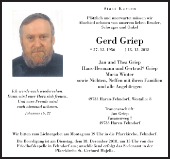 Traueranzeige von Gerd Griep von Neue Osnabrücker Zeitung GmbH & Co. KG