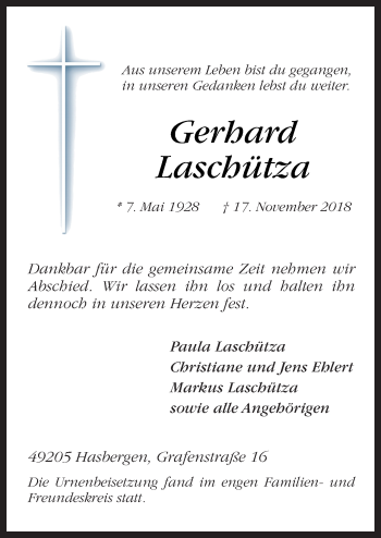 Traueranzeige von Gerhard Laschütza von Neue Osnabrücker Zeitung GmbH & Co. KG