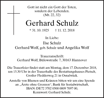 Traueranzeige von Gerhard Schulz von Neue Osnabrücker Zeitung GmbH & Co. KG