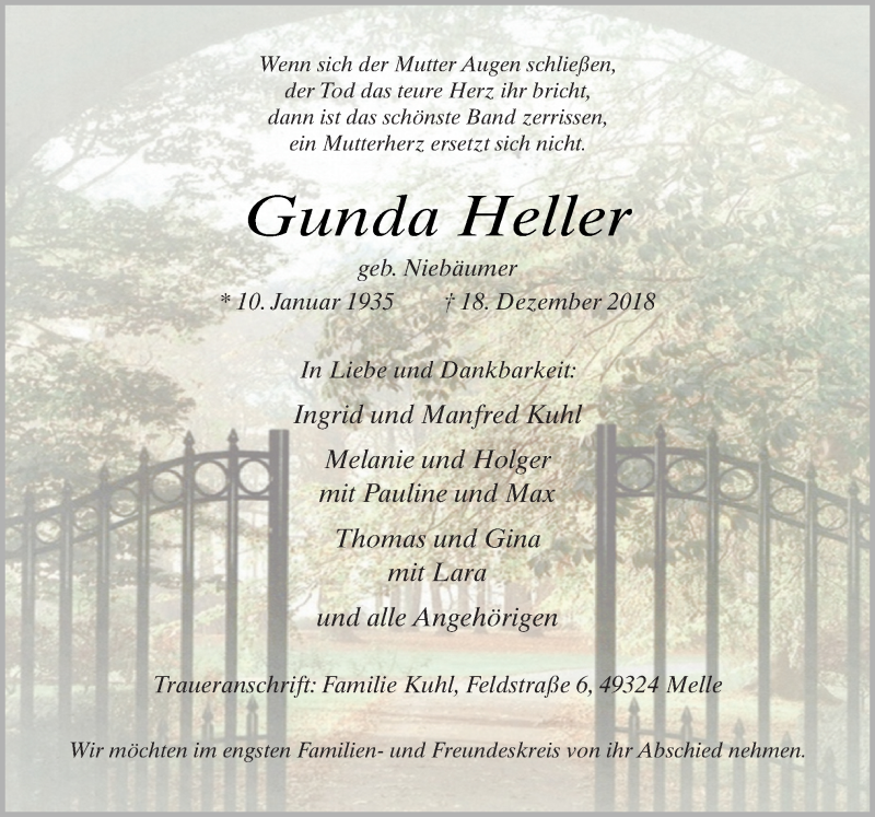  Traueranzeige für Gunda Heller vom 22.12.2018 aus Neue Osnabrücker Zeitung GmbH & Co. KG