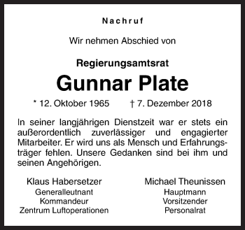 Traueranzeige von Gunnar Plate von Neue Osnabrücker Zeitung GmbH & Co. KG