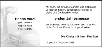 Traueranzeige von Hanna Varel von Neue Osnabrücker Zeitung GmbH & Co. KG