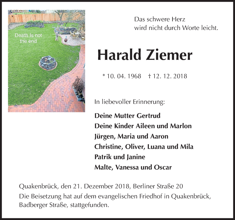  Traueranzeige für Harald Ziemer vom 22.12.2018 aus Neue Osnabrücker Zeitung GmbH & Co. KG