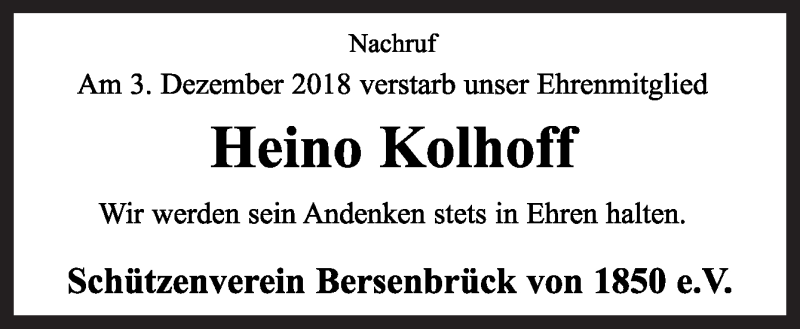  Traueranzeige für Heino Kolhoff vom 06.12.2018 aus Neue Osnabrücker Zeitung GmbH & Co. KG