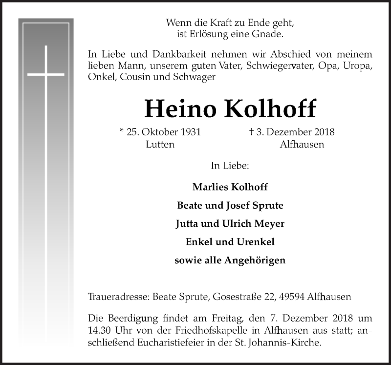  Traueranzeige für Heino Kolhoff vom 05.12.2018 aus Neue Osnabrücker Zeitung GmbH & Co. KG