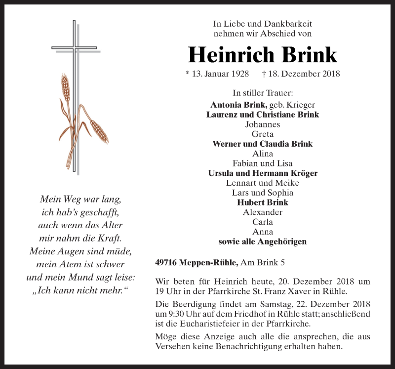  Traueranzeige für Heinrich Brink vom 20.12.2018 aus Neue Osnabrücker Zeitung GmbH & Co. KG