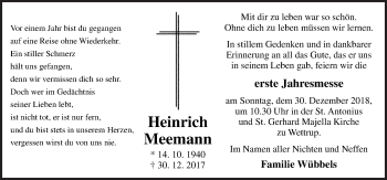 Traueranzeige von Heinrich Meemann von Neue Osnabrücker Zeitung GmbH & Co. KG