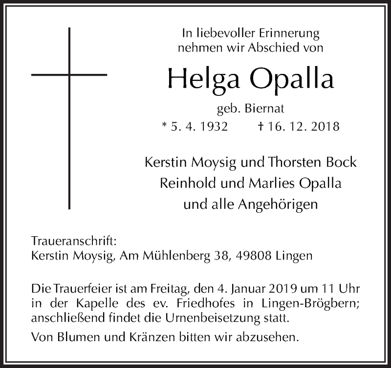  Traueranzeige für Helga Opalla vom 22.12.2018 aus Neue Osnabrücker Zeitung GmbH & Co. KG