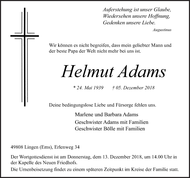  Traueranzeige für Helmut Adams vom 08.12.2018 aus Neue Osnabrücker Zeitung GmbH & Co. KG