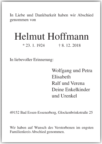 Traueranzeige von Helmut Hoffmann von Neue Osnabrücker Zeitung GmbH & Co. KG