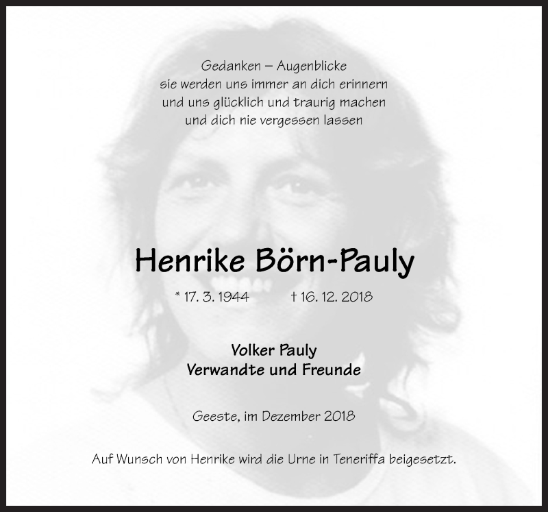  Traueranzeige für Henrike Börn-Pauly vom 21.12.2018 aus Neue Osnabrücker Zeitung GmbH & Co. KG