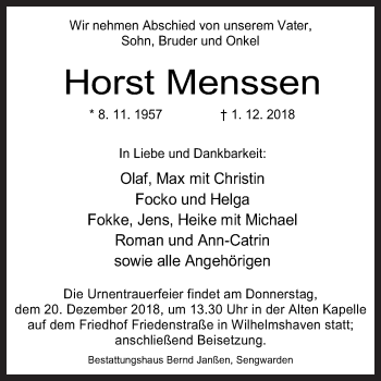 Traueranzeige von Horst Menssen von Neue Osnabrücker Zeitung GmbH & Co. KG