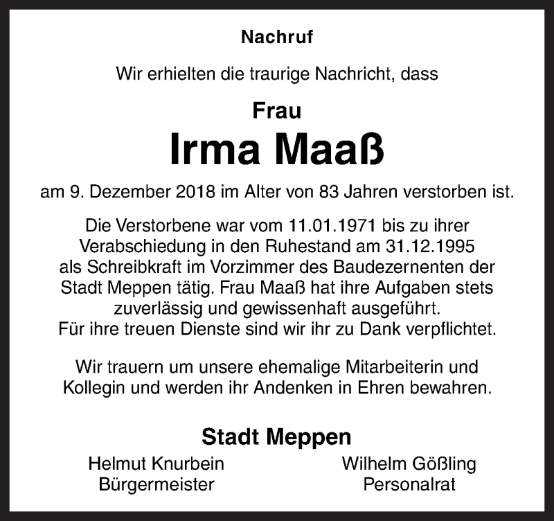  Traueranzeige für Irma Maaß vom 19.12.2018 aus Neue Osnabrücker Zeitung GmbH & Co. KG