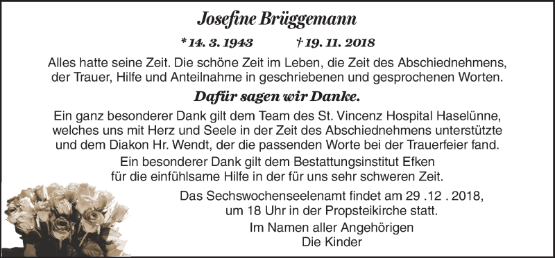  Traueranzeige für Josefine Brüggemann vom 27.12.2018 aus Neue Osnabrücker Zeitung GmbH & Co. KG