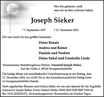 Traueranzeige von Joseph Sieker von Neue Osnabrücker Zeitung GmbH & Co. KG