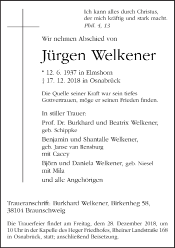 Traueranzeige von Jürgen Welkener von Neue Osnabrücker Zeitung GmbH & Co. KG