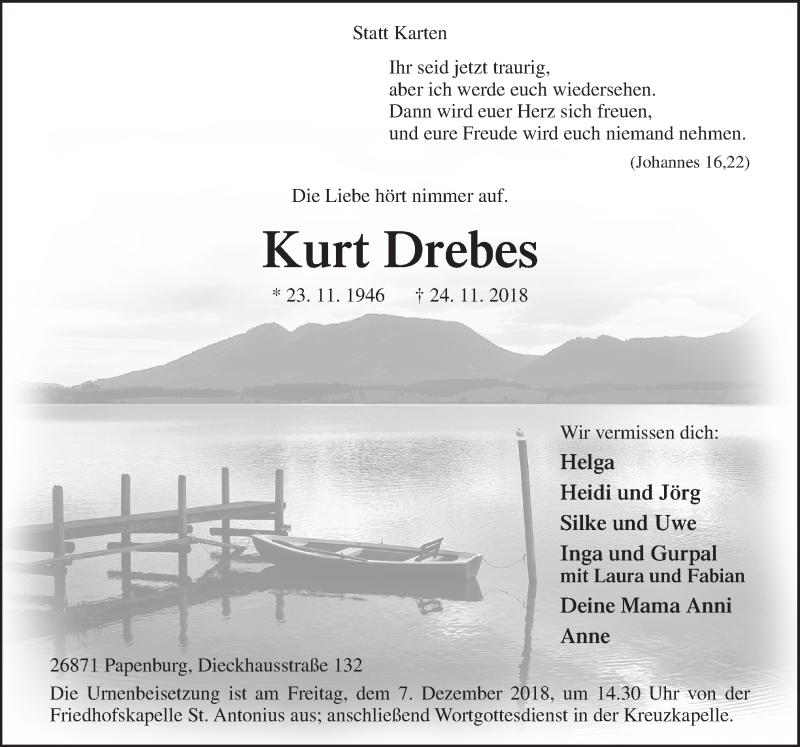  Traueranzeige für Kurt Drebes vom 01.12.2018 aus Neue Osnabrücker Zeitung GmbH & Co. KG