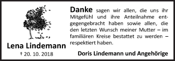 Traueranzeige von Lena Lindemann von Neue Osnabrücker Zeitung GmbH & Co. KG