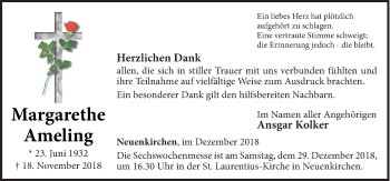 Traueranzeige von Margarethe Ameling von Neue Osnabrücker Zeitung GmbH & Co. KG