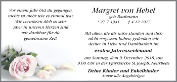 Traueranzeige von Margret von Hebel von Neue Osnabrücker Zeitung GmbH & Co. KG