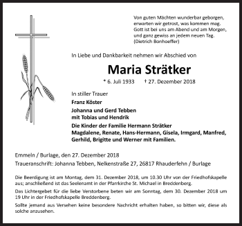 Traueranzeige von Maria Strätker von Neue Osnabrücker Zeitung GmbH & Co. KG