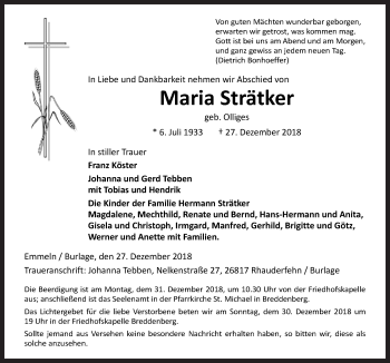 Traueranzeige von Maria Strätker von Neue Osnabrücker Zeitung GmbH & Co. KG