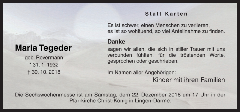  Traueranzeige für Maria Tegeder vom 15.12.2018 aus Neue Osnabrücker Zeitung GmbH & Co. KG