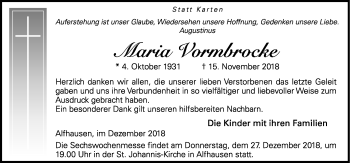 Traueranzeige von Maria Vormbrocke von Neue Osnabrücker Zeitung GmbH & Co. KG