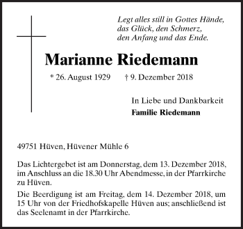 Traueranzeige von Marianne Riedemann von Neue Osnabrücker Zeitung GmbH & Co. KG