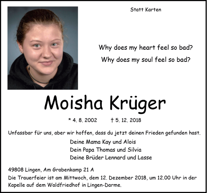  Traueranzeige für Moisha Krüger vom 08.12.2018 aus Neue Osnabrücker Zeitung GmbH & Co. KG