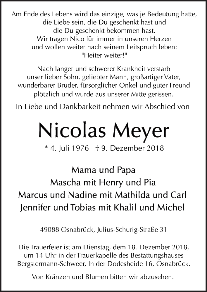  Traueranzeige für Nicolas Meyer vom 15.12.2018 aus Neue Osnabrücker Zeitung GmbH & Co. KG