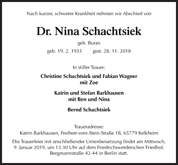 Traueranzeige von Nina Schachtsiek von Neue Osnabrücker Zeitung GmbH & Co. KG