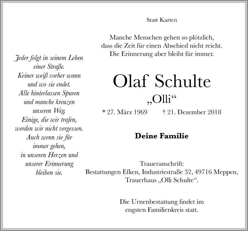  Traueranzeige für Olaf Schulte vom 24.12.2018 aus Neue Osnabrücker Zeitung GmbH & Co. KG