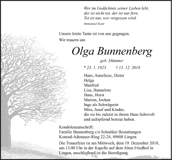Traueranzeige von Olga Bunnenberg von Neue Osnabrücker Zeitung GmbH & Co. KG