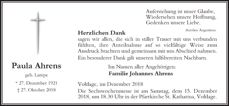  Traueranzeige für Paula Ahrens vom 08.12.2018 aus Neue Osnabrücker Zeitung GmbH & Co. KG