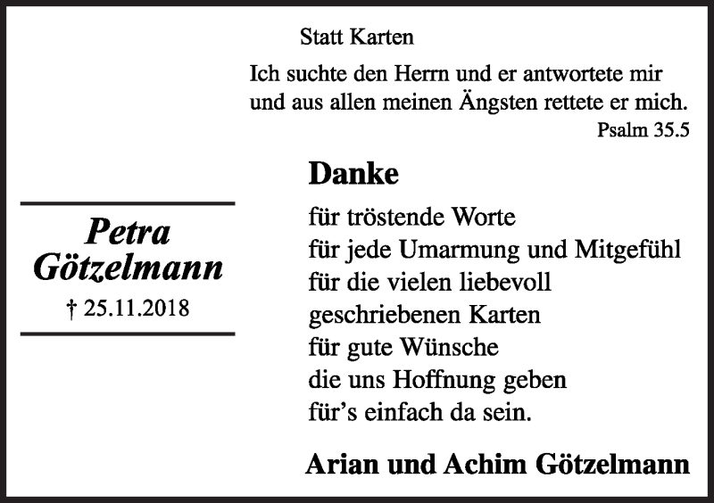  Traueranzeige für Petra Götzelmann vom 15.12.2018 aus Neue Osnabrücker Zeitung GmbH & Co. KG