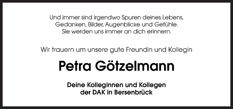  Traueranzeige für Petra Götzelmann vom 03.12.2018 aus Neue Osnabrücker Zeitung GmbH & Co. KG