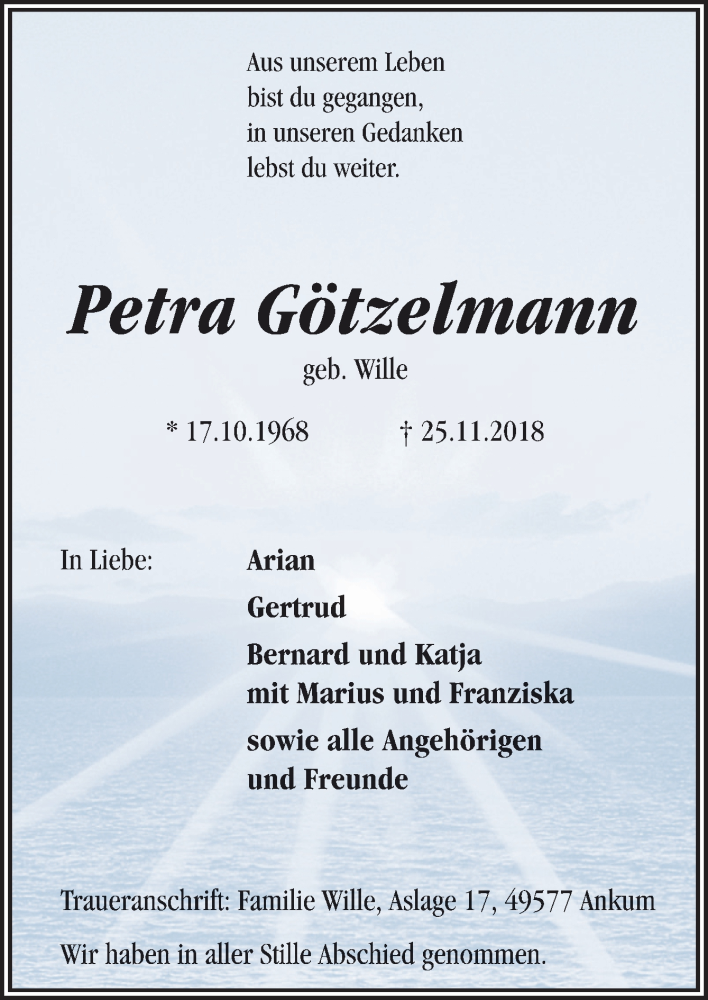  Traueranzeige für Petra Götzelmann vom 01.12.2018 aus Neue Osnabrücker Zeitung GmbH & Co. KG