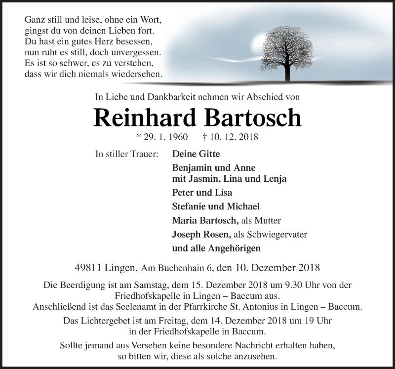  Traueranzeige für Reinhard Bartosch vom 13.12.2018 aus Neue Osnabrücker Zeitung GmbH & Co. KG