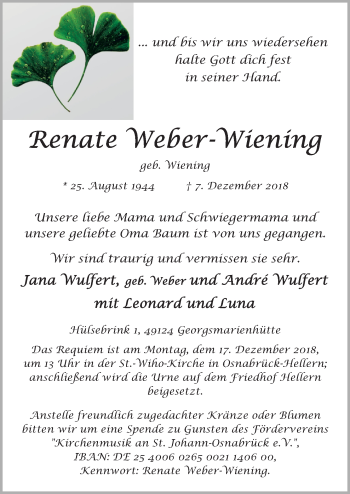 Traueranzeige von Renate  Weber-Wiening von Neue Osnabrücker Zeitung GmbH & Co. KG