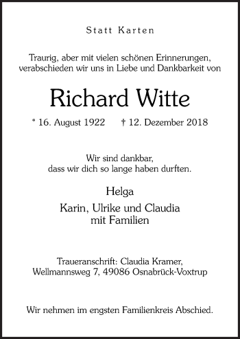 Traueranzeige von Richard Witte von Neue Osnabrücker Zeitung GmbH & Co. KG