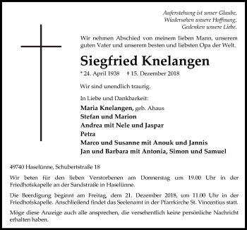 Traueranzeige von Siegfried Knelangen von Neue Osnabrücker Zeitung GmbH & Co. KG