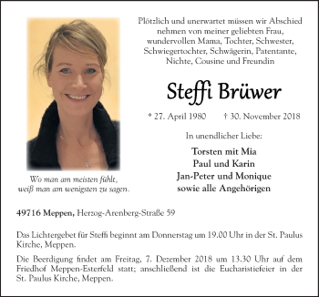 Traueranzeigen Von Steffi Bruwer Noz Trauerportal