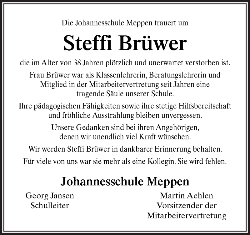  Traueranzeige für Steffi Brüwer vom 05.12.2018 aus Neue Osnabrücker Zeitung GmbH & Co. KG