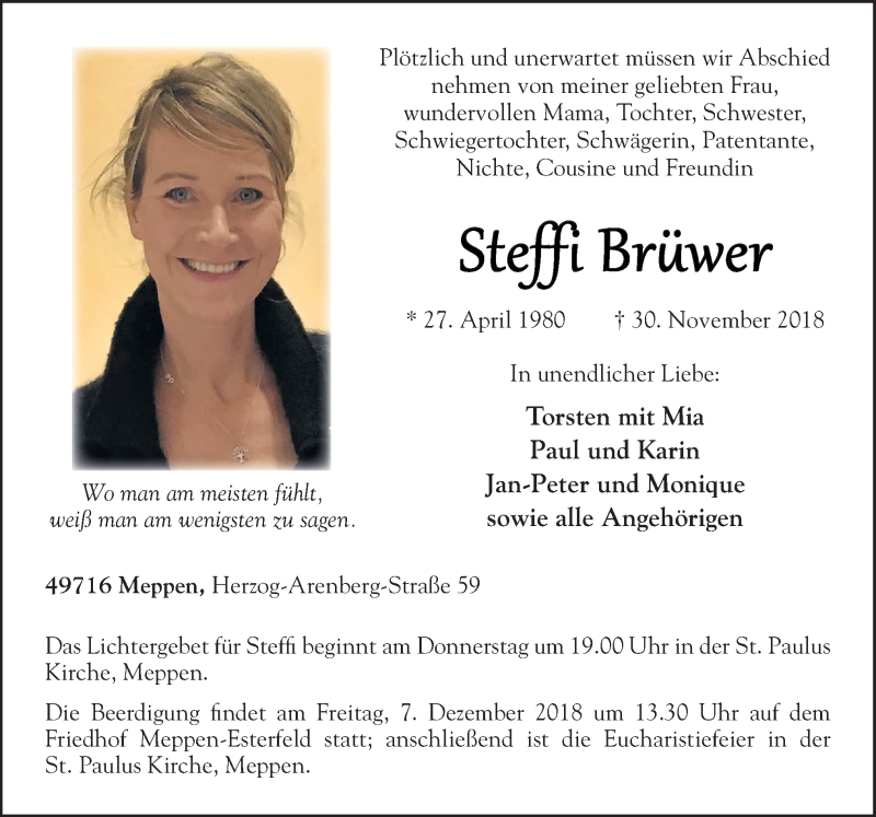  Traueranzeige für Steffi Brüwer vom 04.12.2018 aus Neue Osnabrücker Zeitung GmbH & Co. KG