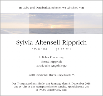 Traueranzeige von Sylvia Altensell-Ripprich von Neue Osnabrücker Zeitung GmbH & Co. KG