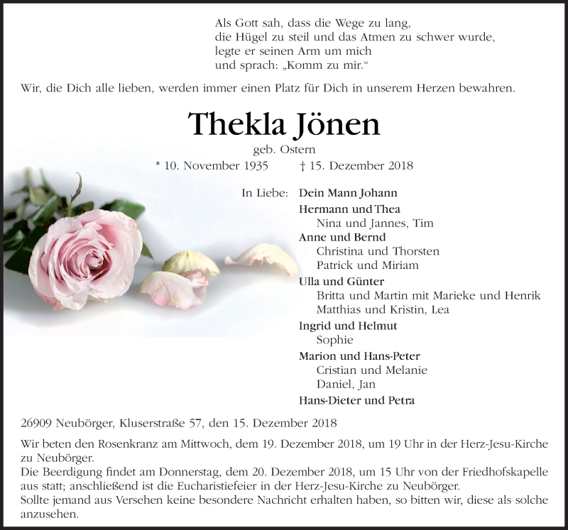  Traueranzeige für Thekla Jönen vom 18.12.2018 aus Neue Osnabrücker Zeitung GmbH & Co. KG